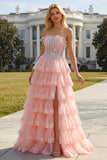 Blush Strapless Tiered Ruffle A Line Sequins Corset Long Prom Dress with Slit