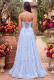 Blue A-Line Floral Beaded Strapless Long Prom Dress with Slit