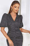 Black Bodycon V Neck Polka Dot Ruched Formal Dress with Puff Sleeves