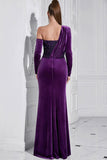 Dark Purple One Shoulder Pleated Long Sleeves Evening Dress with Slit