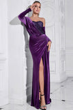 Dark Purple One Shoulder Pleated Long Sleeves Evening Dress with Slit