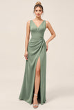 Eucalyptus Sheath V-Neck Ruched Long Bridesmaid Dress with Slit