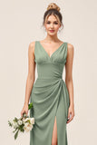Eucalyptus Sheath V-Neck Ruched Long Bridesmaid Dress with Slit