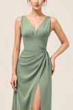 Eucalyptus Sheath V-Neck Ruched Long Bridesmaid Dress with Slit