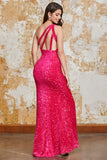 Sparkly Mermaid One Shoulder Fuchsia Sequins Long Prom Dress