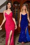 Sparkly Royal Blue Mermaid Spaghetti Straps V-Neck Sequin Long Prom Dress With Split