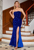 Load image into Gallery viewer, Royal Blue Strapless Sequins Long Mermaid Prom Dress With Slit
