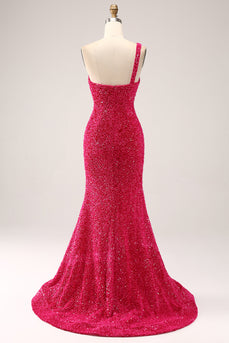 Sparkly Fuchsia Mermaid One Shoulder Long Sequin Prom Dress with Slit