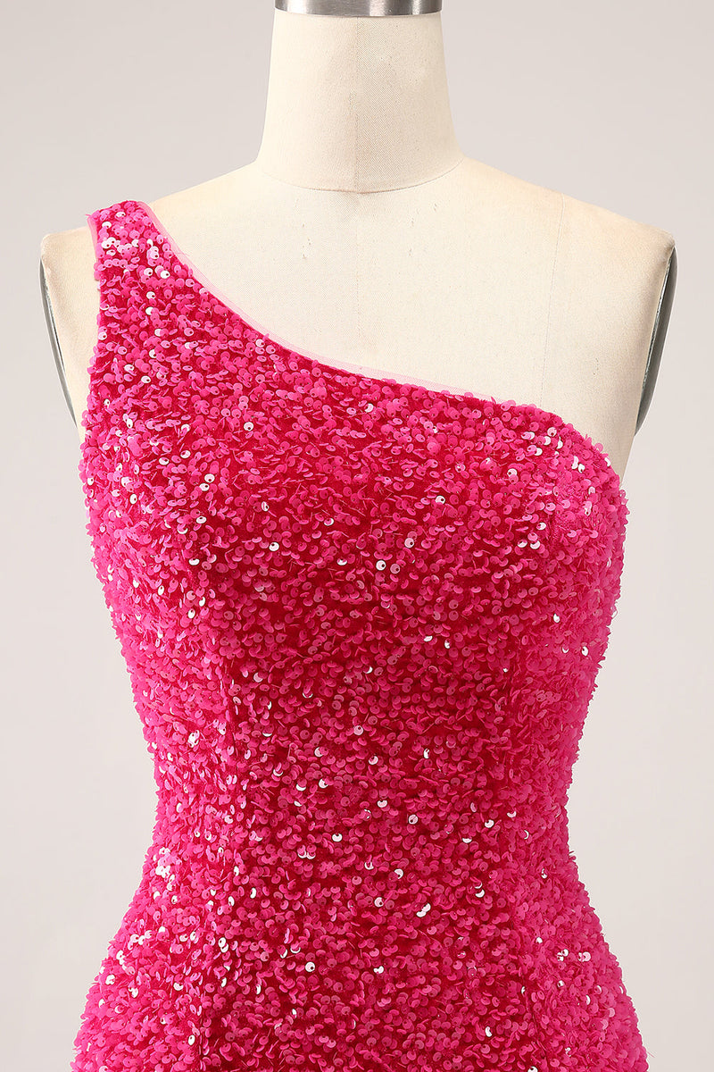 Load image into Gallery viewer, Sparkly Fuchsia Mermaid One Shoulder Long Sequin Prom Dress with Slit