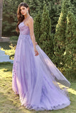 Purple Tulle A-Line Prom Dress With Appliques