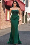 Trendy Mermaid Halter Neck Dark Green Long Prom Dress with Appliques Beading