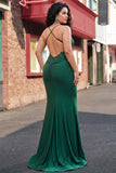 Trendy Mermaid Halter Neck Dark Green Long Prom Dress with Appliques Beading