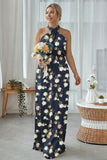 Navy Bloom Sheath Halter Neck Satin Long Bridesmaid Dress