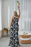 Navy Bloom Sheath Halter Neck Satin Long Bridesmaid Dress