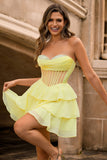 Yellow Strapless Corset A Line Beaded Cocktail Dress