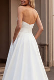 Strapless A Line Ivory Satin Ruched Wedding Dress