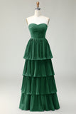 Blush Pink A-Line Strapless Pleated Tiered Long Bridesmaid Dress