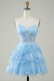 Cute A Line Spaghetti Straps Dark Blue Sparkly Corset Graduation Dress