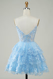 Cute A Line Spaghetti Straps Dark Blue Sparkly Corset Graduation Dress