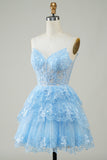Cute A Line Spaghetti Straps Dark Blue Sparkly Corset Graduation Dress