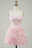 Cute A Line Spaghetti Straps Dark Blue Sparkly Corset Graduation Dress