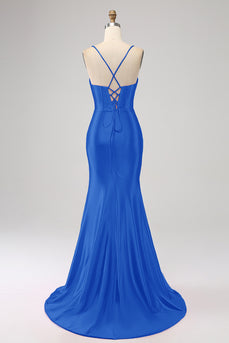 Stunning Mermaid Spaghetti Straps Royal Blue Corset Prom Dress with Split Front