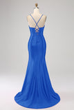 Stunning Mermaid Spaghetti Straps Royal Blue Corset Prom Dress with Split Front