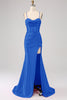 Load image into Gallery viewer, Stunning Mermaid Spaghetti Straps Royal Blue Corset Prom Dress with Split Front