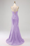 Stunning Mermaid Spaghetti Straps Royal Blue Corset Prom Dress with Split Front