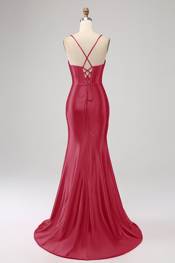 Stunning Mermaid Spaghetti Straps Fuchsia Corset Prom Dress with Split Front