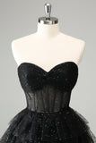 Sparkly A Line Black Sweetheart Tiered Corset Cute Homecoming Dress