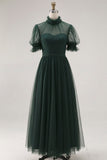 Dusty Blue A Line High Neck Tulle Midi Dress with Short Sleeves