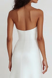 White Strapless Sheath Satin Ruffled Graduation Dress