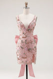 Pink V-Neck Bodycon Floral Homecoming Dress with Slit
