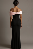 Black and Pink Satin Ruffled Off the Shoulder Sheath Long Evening Dress