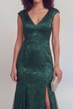 Sage Green Floral V-Neck Mermaid Long Mother of The Bride Dress with Slit