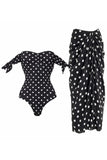 Off the Shoulder 2 Piece Black White Dots Swimsuit with Cover Up Skirt