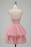 Pink Halter Neck Ruffled A-Line Short Homecoming Dress