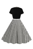 A Line Black Pinstripe 1950s Swing Dress with Short Sleeves