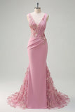 Mermaid Taro V-Neck Ruched Long Prom Dress with Appliqued 3D Flowers