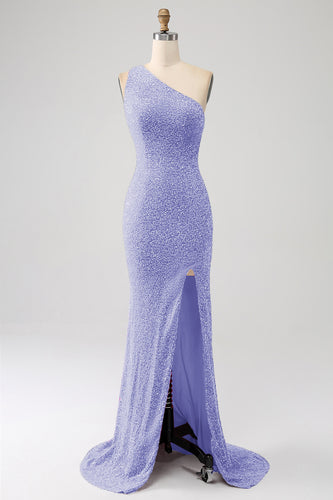 Sparkly Mermaid One Shoulder Lavender Sequins Long Prom Dress with Slit