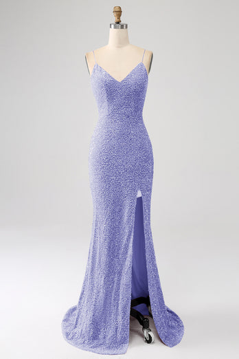 Fuchsia Mermaid Spaghetti Straps Sequin Prom Dress With Split