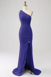 Sparkly Mermaid One Shoulder Lavender Sequins Long Prom Dress with Slit