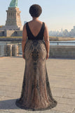 Deep V Neck Black Mermaid Long Plus Size Prom Dress with Open Back
