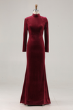 Cabernet Velvet High Neck Sweep Train Formal Dress with Sleeves