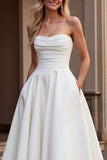 Strapless A Line Ivory Satin Ruched Wedding Dress