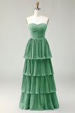 Blush Pink A-Line Strapless Pleated Tiered Long Bridesmaid Dress