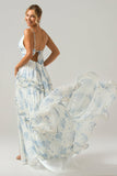 White Blue Flower A Line Long Tulle Bridesmaid Dress with Ruffles