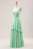 Green A Line Off The Shoulder Corset Bridesmaid Dress With Ruffles