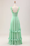 Green A Line Off The Shoulder Corset Maxi Bridesmaid Dress With Ruffles